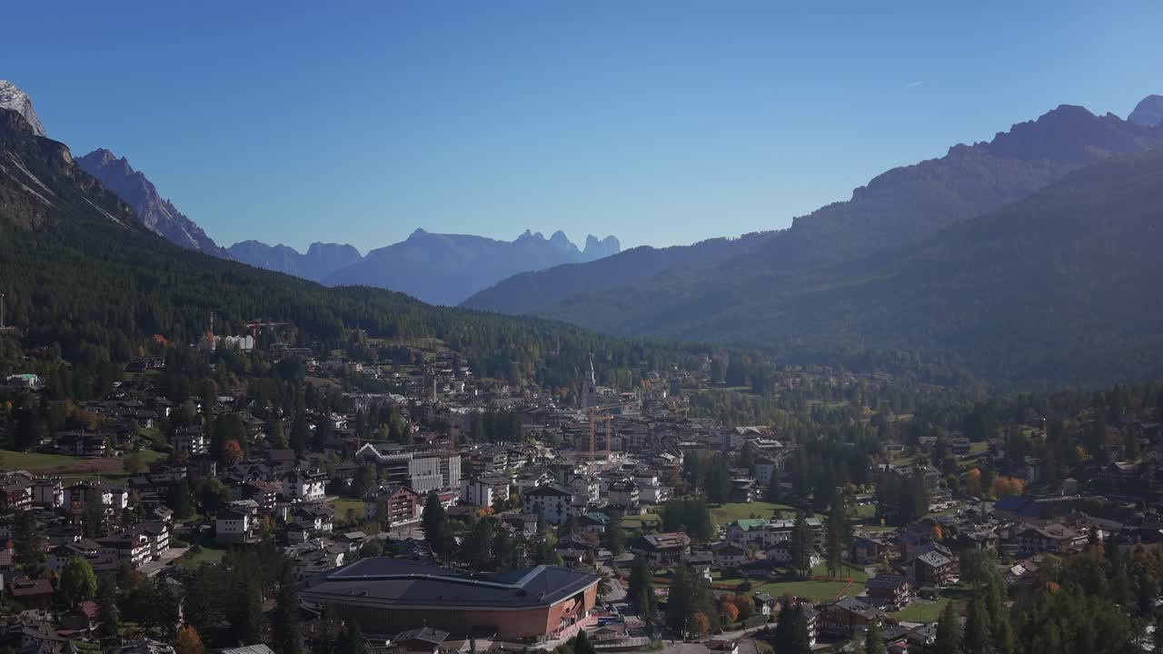 Dolomites Winter olympic resort Cortina d'Ampezzo in summer AERIAL