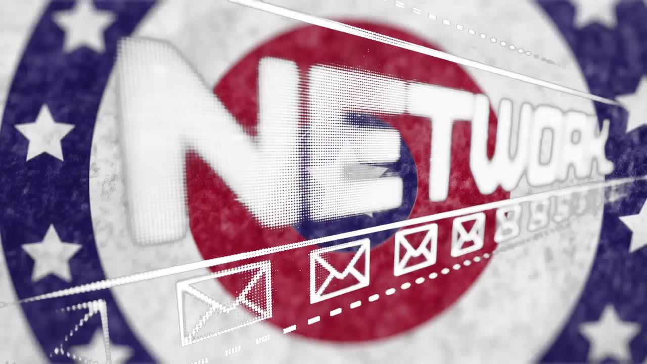 animación del texto de la red social sobre las estrellas de la bandera estadounidense y coloreadas en círculos