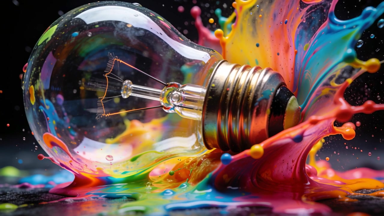 Splashing paint starting at screw base, flowing around incandescent bulb on glossy dark table