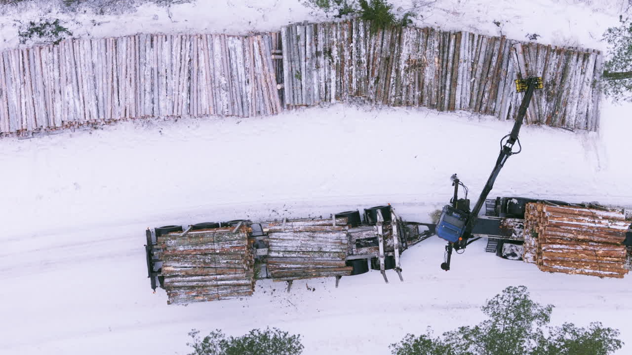 carga de troncos desde un terreno nevado a un camión con un cargador de agarre