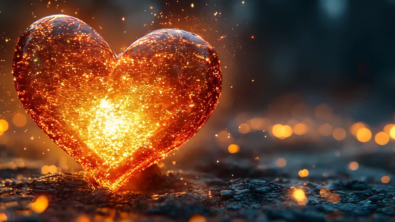 A heart made of fire is lit up in the dark. The fire is orange and the heart is surrounded by a lot of sparks. Concept of danger and destruction, as the heart is being consumed by the flames