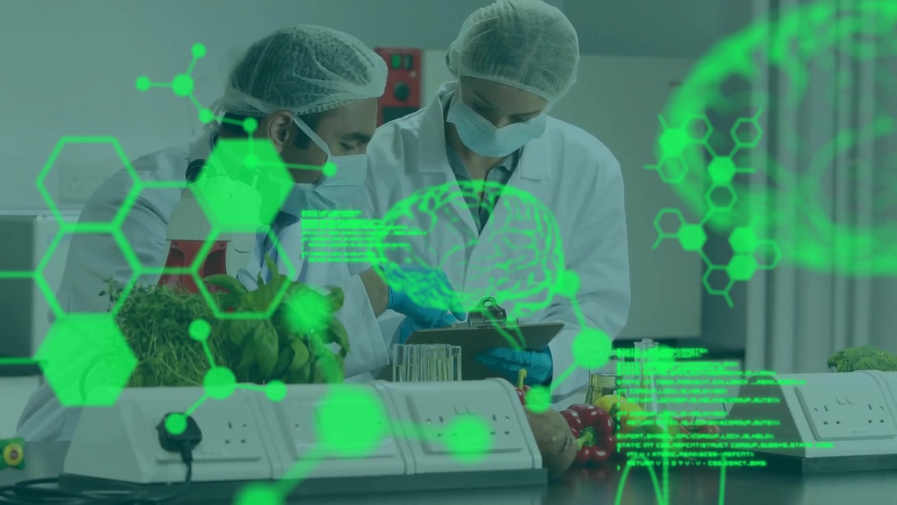Animation of data processing with digital brains over diverse scientists working in lab