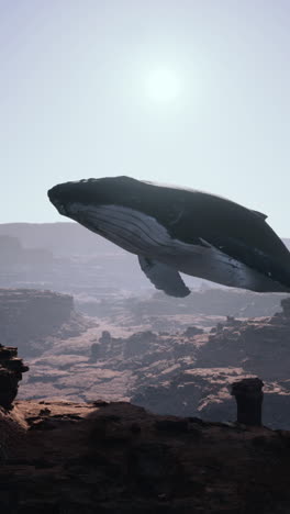 whale flying over a desert canyon