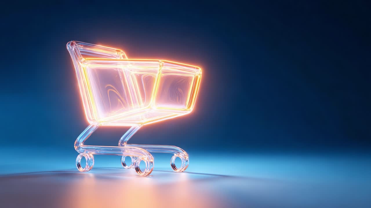 A glowing representation of a shopping cart illuminated against a dark blue backdrop, emphasizing transparency, modern design, and the future of online retail experiences