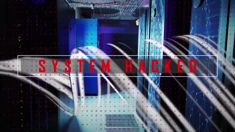 animación del sistema hackeado banner de texto y onda digital contra la sala de servidores de computadora