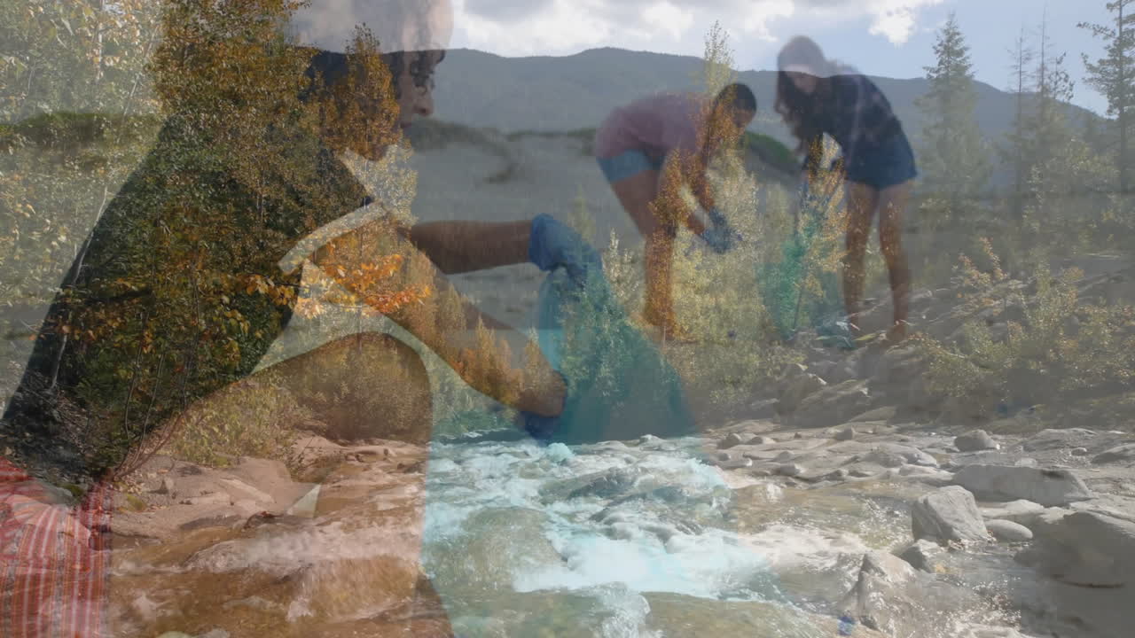 Collecting water samples from river, people analyzing data with animation overlay