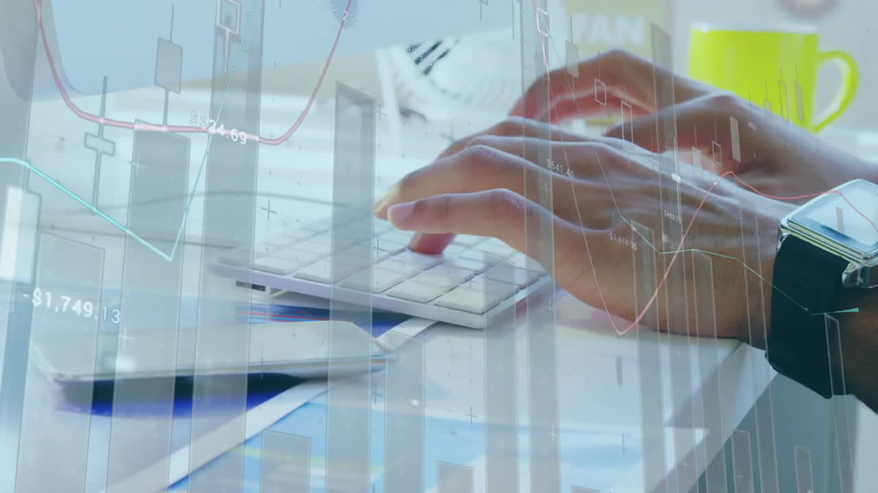 Animation of statistical data processing against mid section of a man using laptop at office