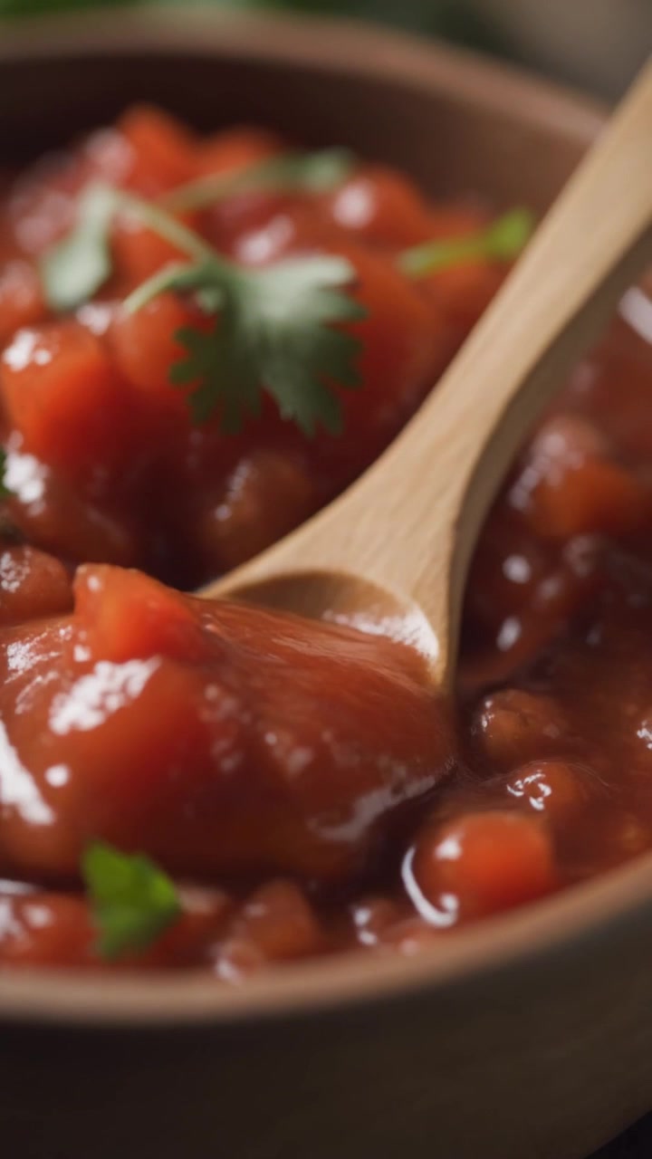 Colher de Madeira Servindo Salsa de Tomate Fresca de uma Tigela