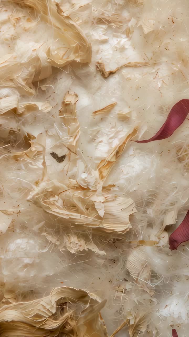 Vertical video: Entering finger, hands raking fibers on table to inspect filling, revealing flecks