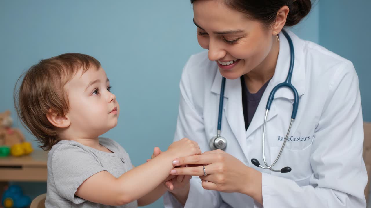 Leaning clinician in white coat with stethoscope checking child's hands at clinic, testing fingers