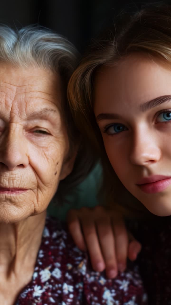 A touching portrait capturing the timeless bond between an elderly woman and a young girl, reflecting love, wisdom, and the beauty of intergenerational connections