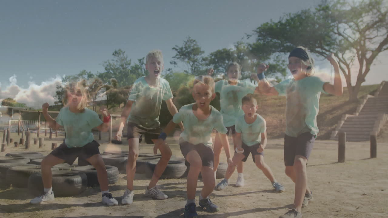 In school, children creating animation and playing outdoors with trees in background