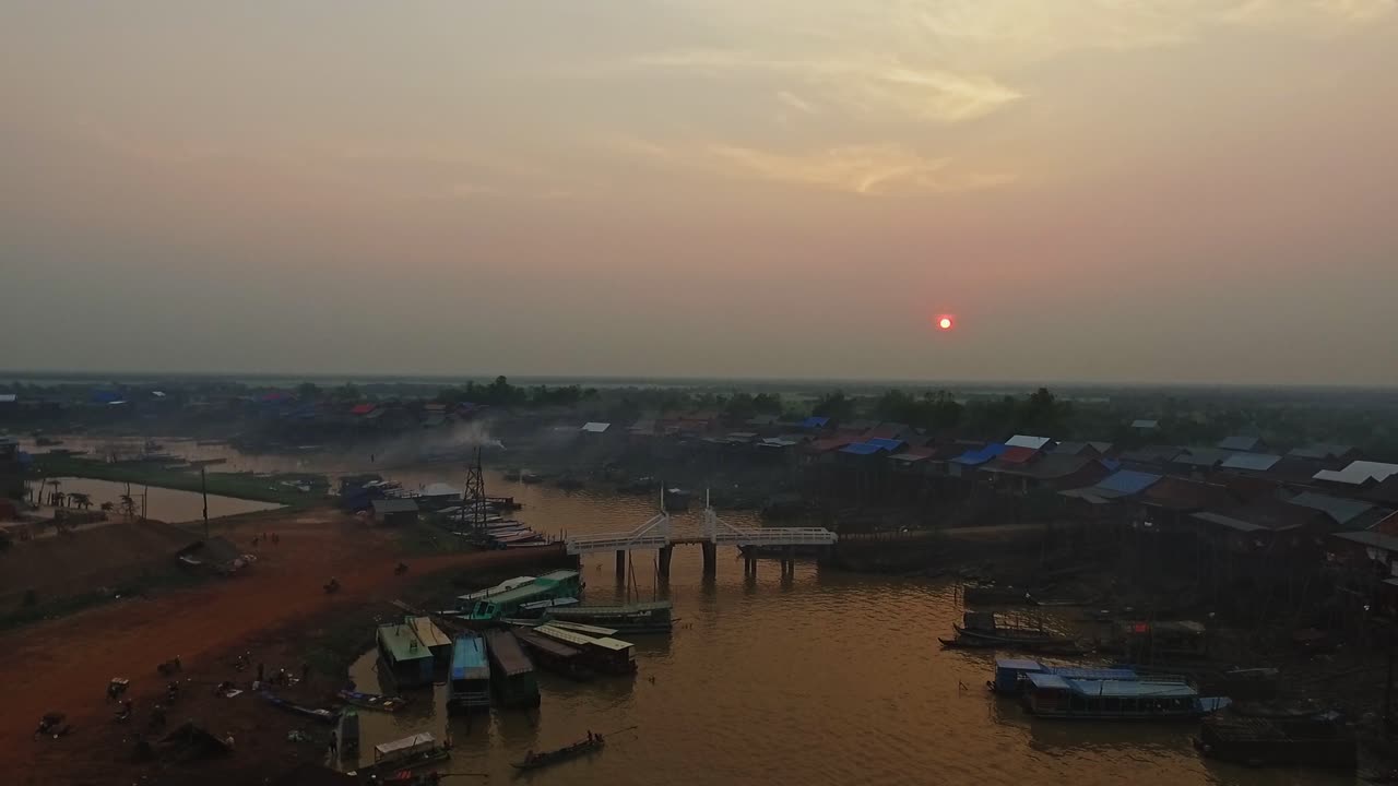 Charming Scenery Of Kompong Kleang Village In Sunset - aerial shot