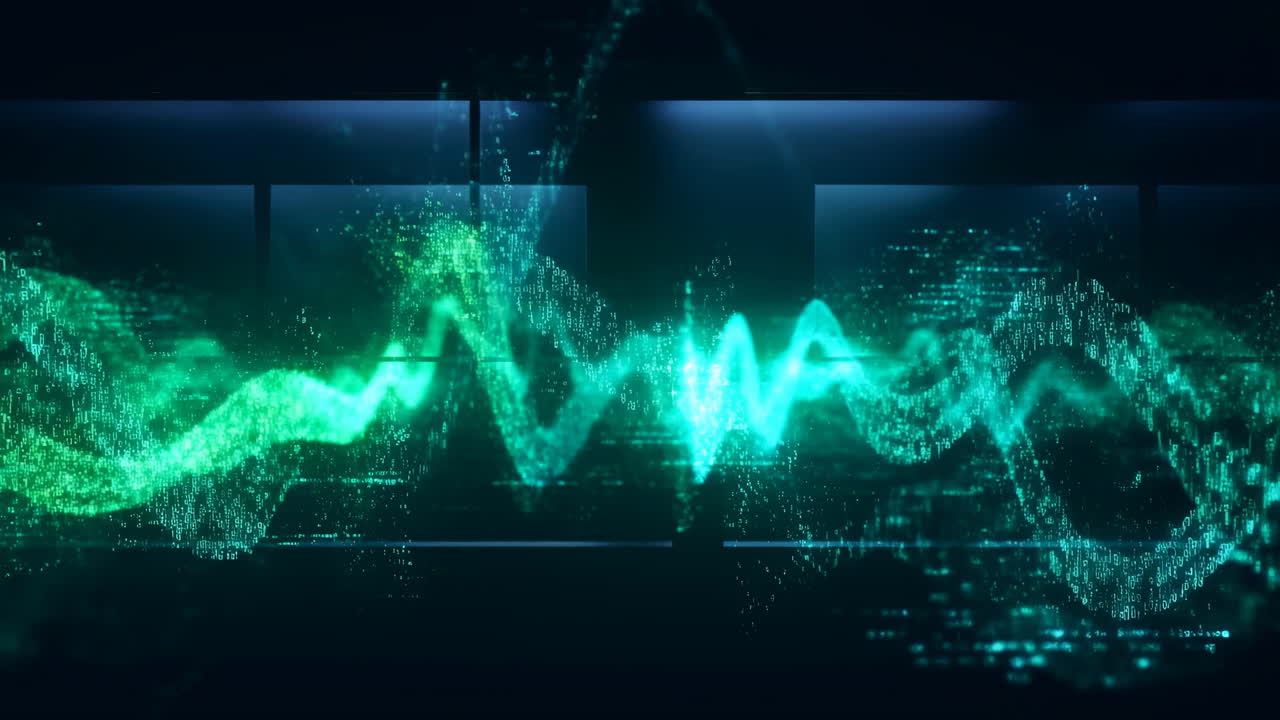 Abstract Digital Waveform Equalizer with Glowing Green and Blue Particles