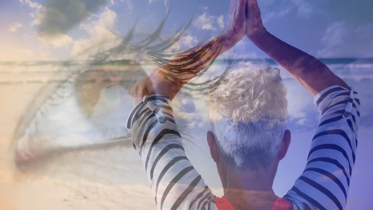 Practicing yoga on beach, person facing serene ocean and sky backdrop animation