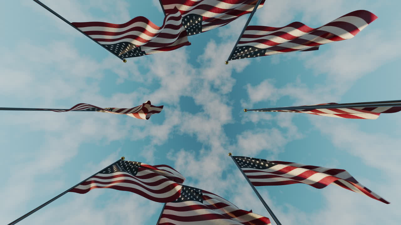 American flags form a frame in the blue sky on Memorial Day