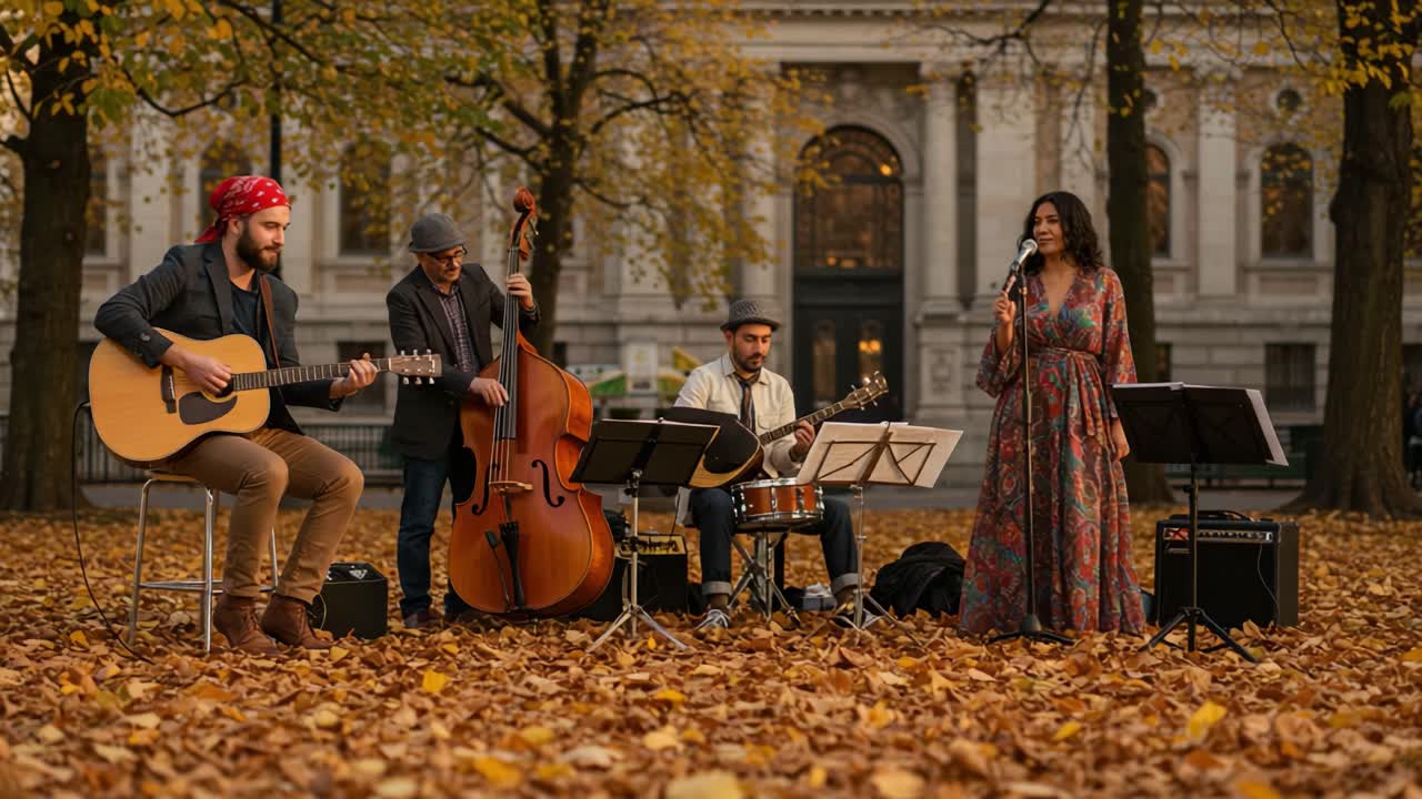 A Captivating Outdoor Musical Performance in Autumn with Musicians Playing Instruments Surrounded by Vibrant Fallen Leaves and a Lively Audience in the Background