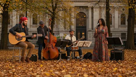 a captivating outdoor musical performance in autumn with musicians playing instruments surrounded by vibrant fallen leaves and a lively audience in the background