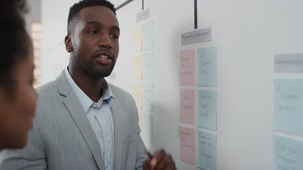 corporate business people meeting using sticky notes brainstorming caucasian team leader man sharing problem solving strategy on whiteboard working on solution for project deadline