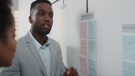 corporate business people meeting using sticky notes brainstorming caucasian team leader man sharing problem solving strategy on whiteboard working on solution for project deadline