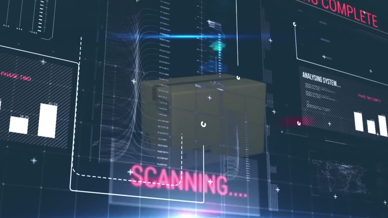 Animation of data processing over cardboard box