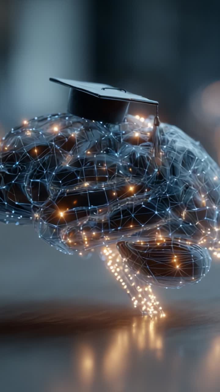 A futuristic digital brain adorned with a graduation cap symbolizes the fusion of education and technology, embodying the concept of advanced intelligence and learning