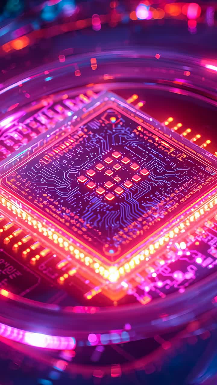 Vertical video: Zooming square chip while lens moving closer for lab test pads lighting in sequence