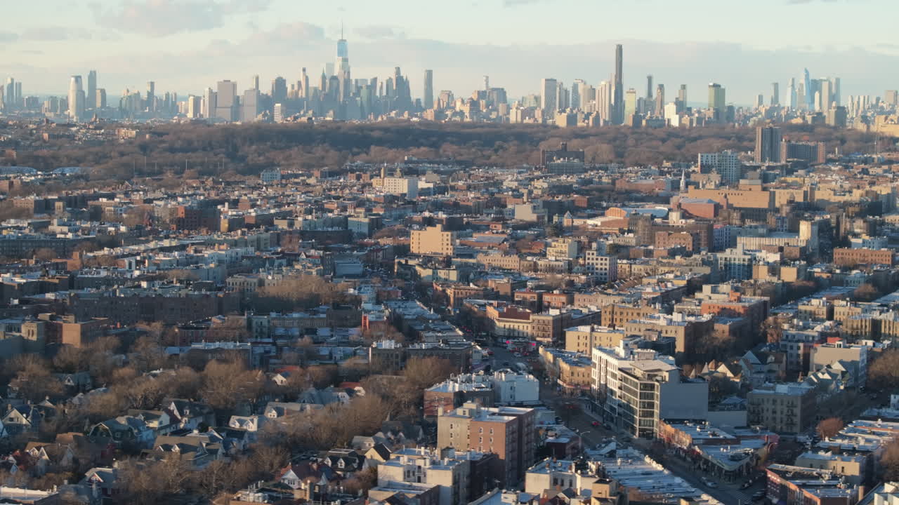 Aerial view of Flatbush, Brooklyn. Shot on a winter day with the Manhattan skyline in the background