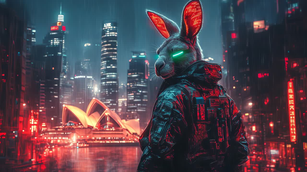 Cyberpunk Kangaroo in a Rainy Cityscape