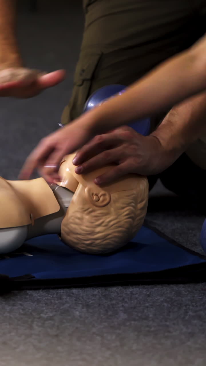 Medical training on a dummy. Instructor and practitioner near the mannequin. Practical exercise with breathing apparatus for giving first aid. Vertical video