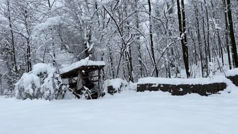 Fuertes-Nevadas-En-La-Ciudad-Paisaje-Invernal-De-La-Vida-Rural-Antigua-Cabaña-De-Madera-Cabaña-Tradicional-En-El-Bosque-De-Hircanian-Naturaleza-En-Fuertes-Nevadas-árboles-Altos-Pueblo-Escénico-Maravillosa-Vista-Natural-De-Vista-Panorámica