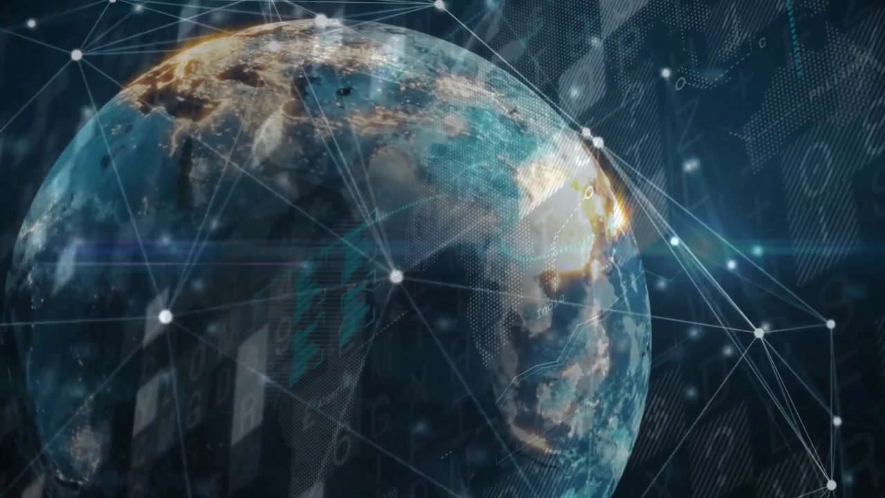 On start, digital globe rotating eastward, network nodes forming to visualize global connectivity