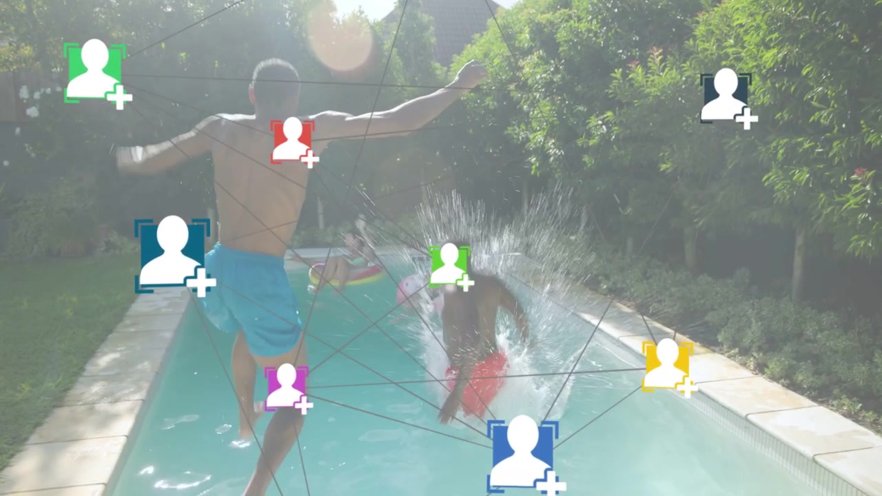 Two men stepping and launching into pool, causing social network overlay appearing, group settling