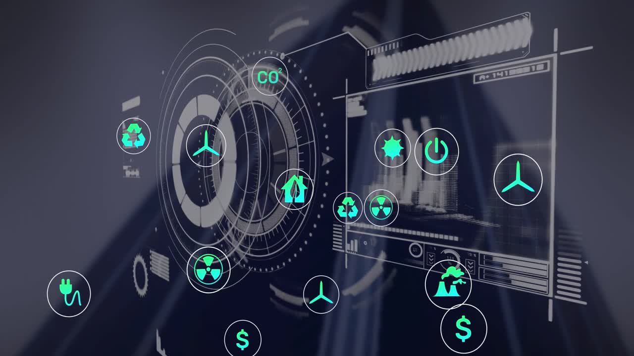 animación de iconos ecológicos y procesamiento de datos sobre el edificio.