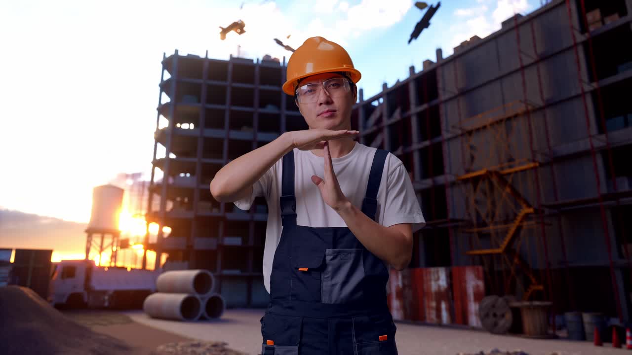 Asian Man Worker Showing Time Out Hands Gesture At Construction Site