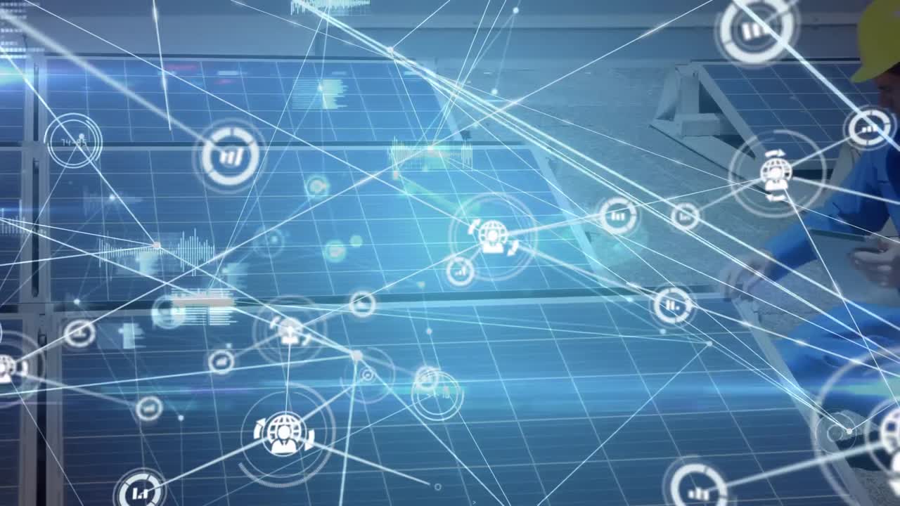 animación de la red de conexiones a través del ingeniero que comprueba los paneles solares