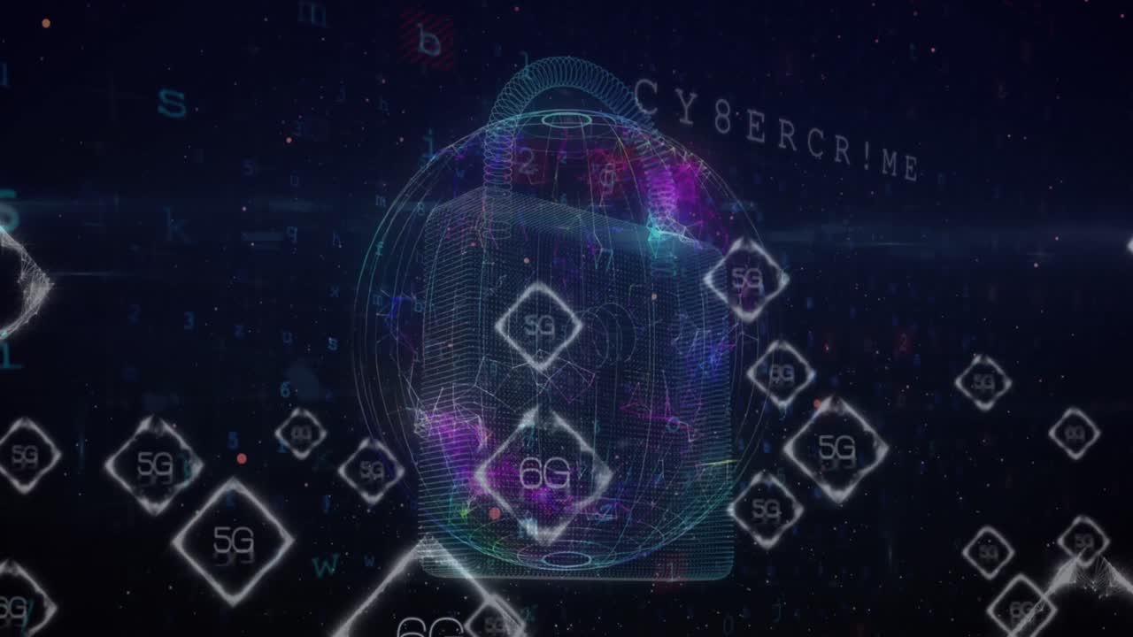 Animation of data processing over padlock on black background
