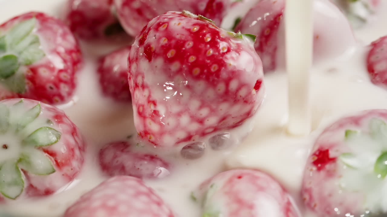 Milk Being Poured Over Fresh Red Strawberries