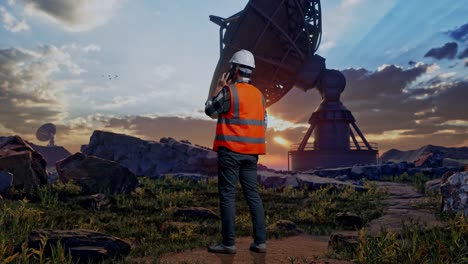 full body back view of asian male engineer with safety helmet talking on smartphone while standing with large satellite dish