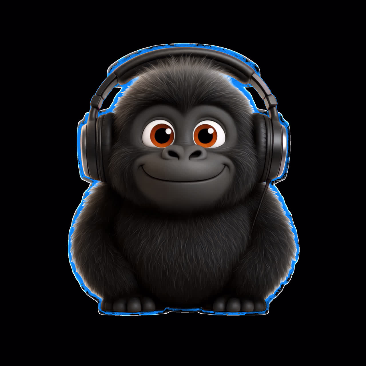 Cute gorilla wearing headphones animation isolated asset, transparent 4K video, alpha channel