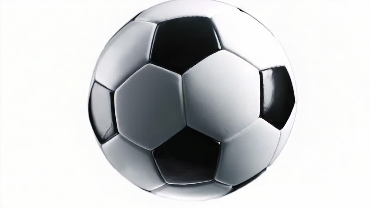 Eine fesselnde Sequenz eines Fußballs in Bewegung, die seine markanten Paneele und sein Design vor einem minimalistischen Hintergrund zeigt, perfekt für Sportbegeisterte und Designliebhaber