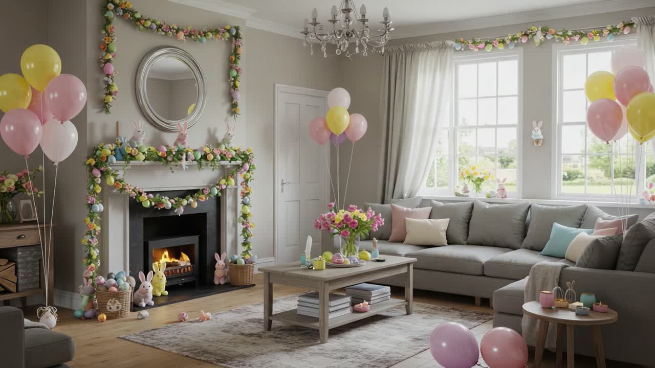 A Vibrantly Decorated Living Room for a Festive Celebration with Colorful Balloons, Floral Arrangements, and Whimsical Bunny Accents Enhancing the Cheerful Atmosphere