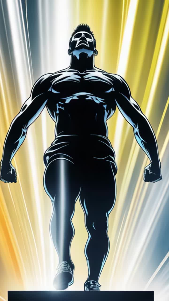 Vertical video: Activating beams exposing athletic male stepping onto platform, posing triumphantly