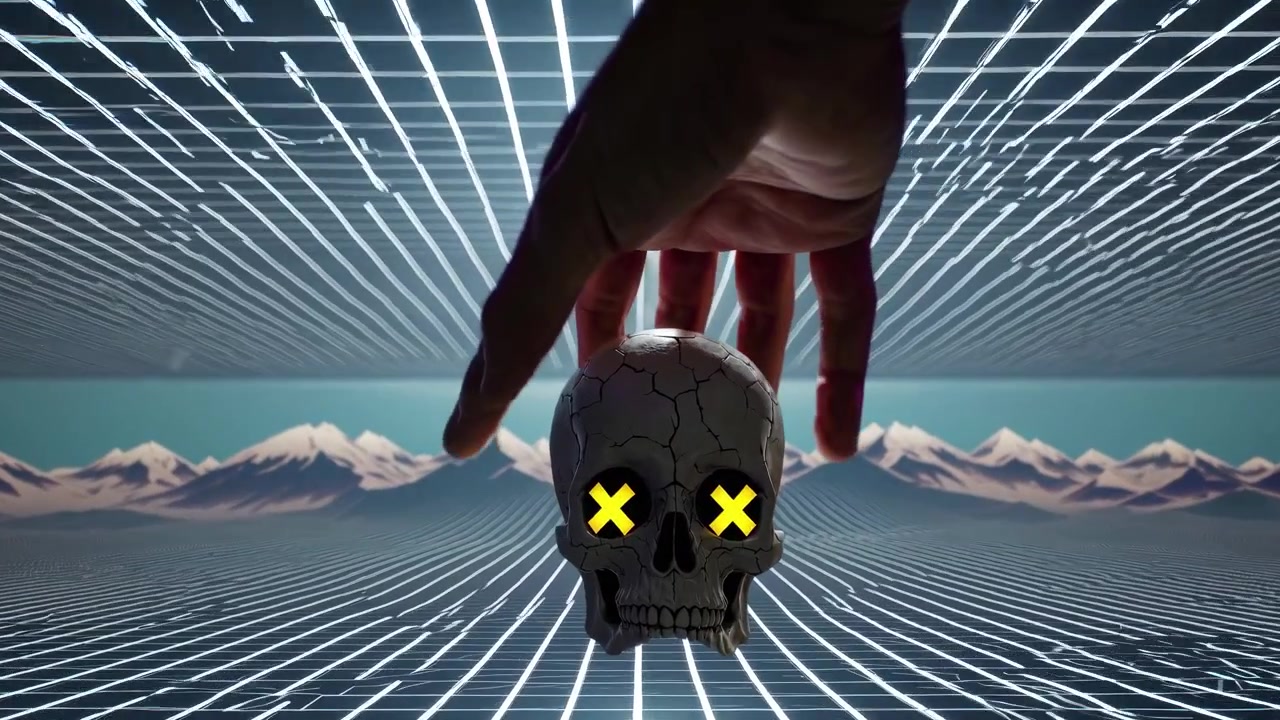 Mano umana con un teschio crepato in un paesaggio a griglia digitale