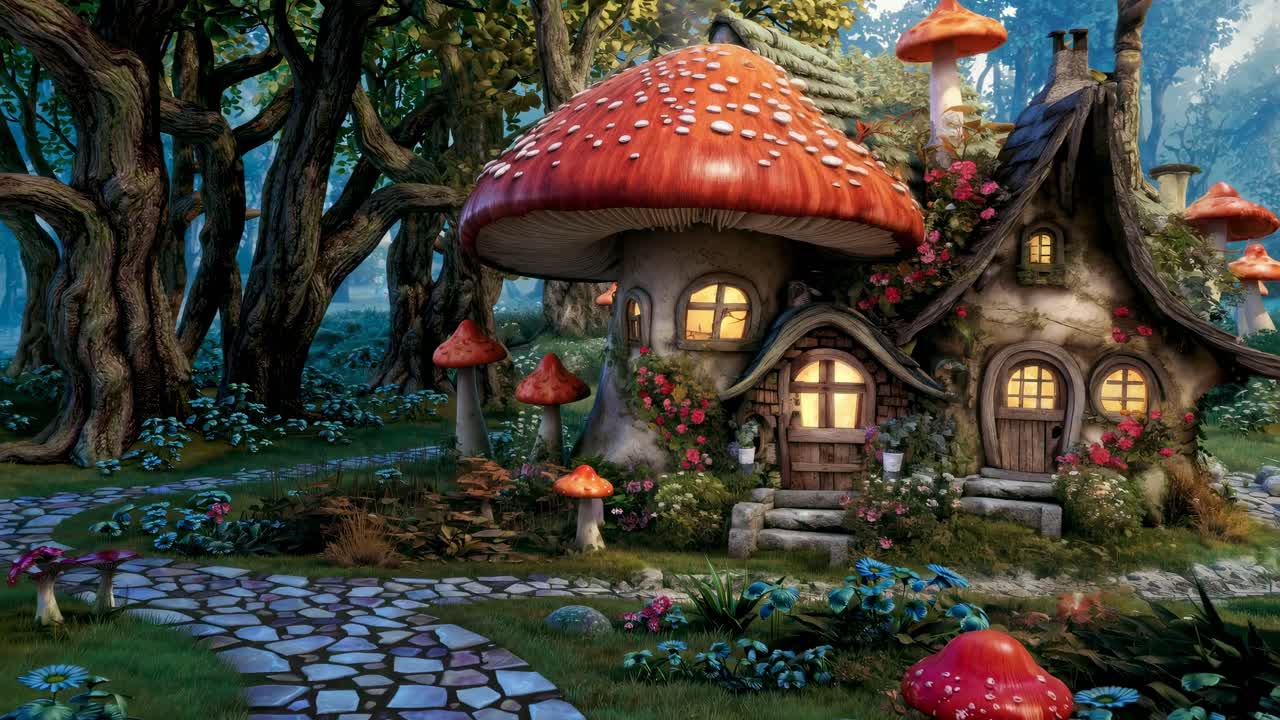 Whimsical fairy-tale village with mushroom houses, viewed from a low angle
