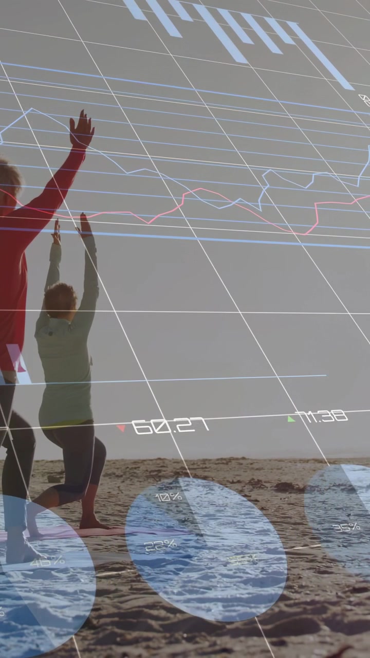 Vertical video: Two women walking beach, slowing into lunges for fitness with data grid overlaying