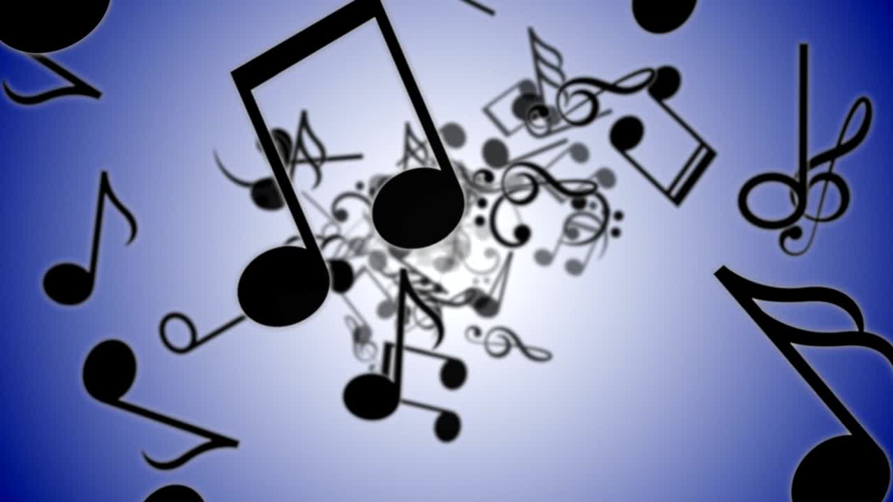animazione di note musicali in caduta, rendering, sfondo, loop, con canale alfa