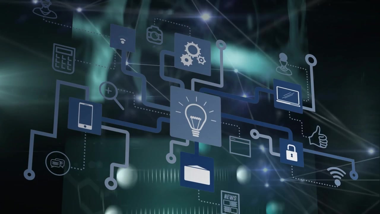 Animation of digital icons and network of connections against screens with data processing