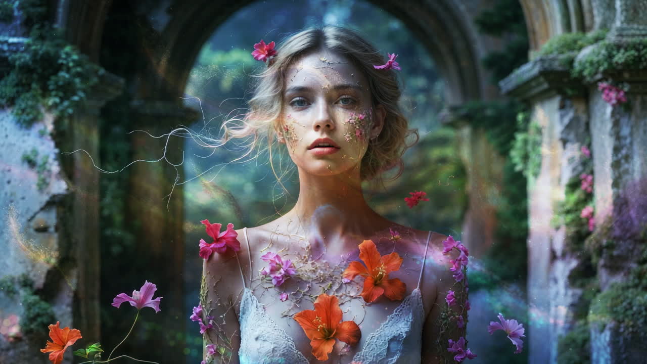 Ethereal Woman Adorned with Flowers in an Enchanted Garden