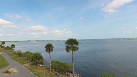 indian river near the city of titusville florida on a beautiful morning with palm trees and clouds